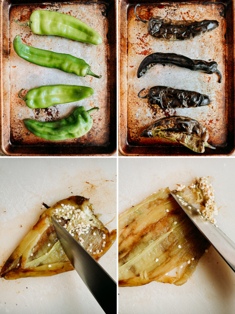 a quadrant of images showing hatch chilis before they are roasted, after, and when they are having seeds removed