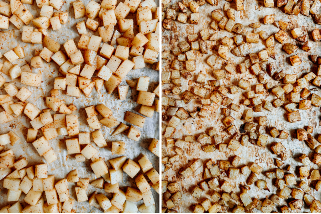 a duo of images showing seasoned breakfast potatoes before and after roasting