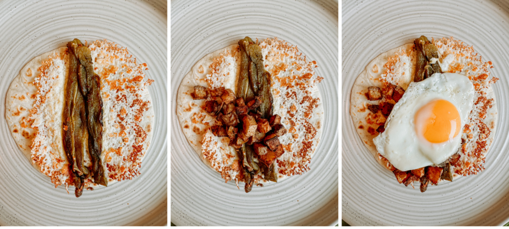 a trio of images showing breakfast tacos with green chilis being assembled