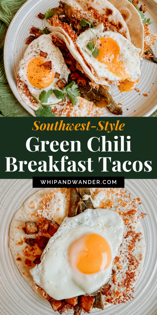 two images with breakfast tacos filled with green chilis and eggs