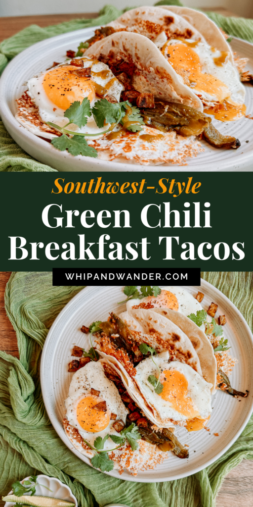 two white plates filled with tacos with eggs, cotija, and green chilis