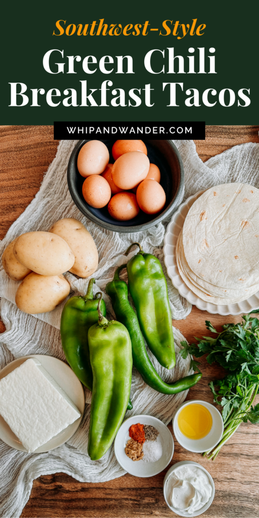 a labeled image of ingredients to make breakfast tacos with green chilis and eggs