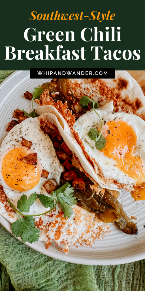 jammy eggs and green chilis in flour tortillas on a white plate