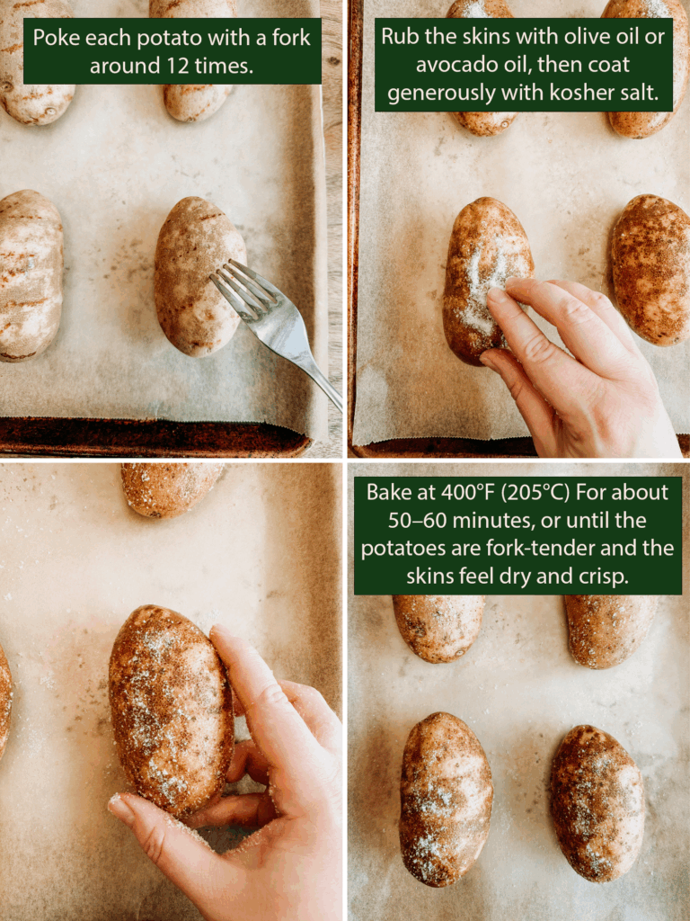 Four-step collage showing how to bake crispy potatoes: poke with fork, coat in oil and salt, and bake until crisp.