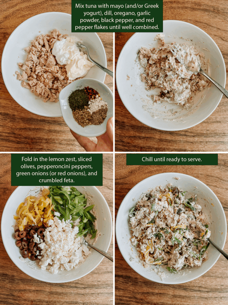 Step-by-step collage showing how to make Greek tuna salad with mayo, herbs, olives, pepperoncini, and feta.