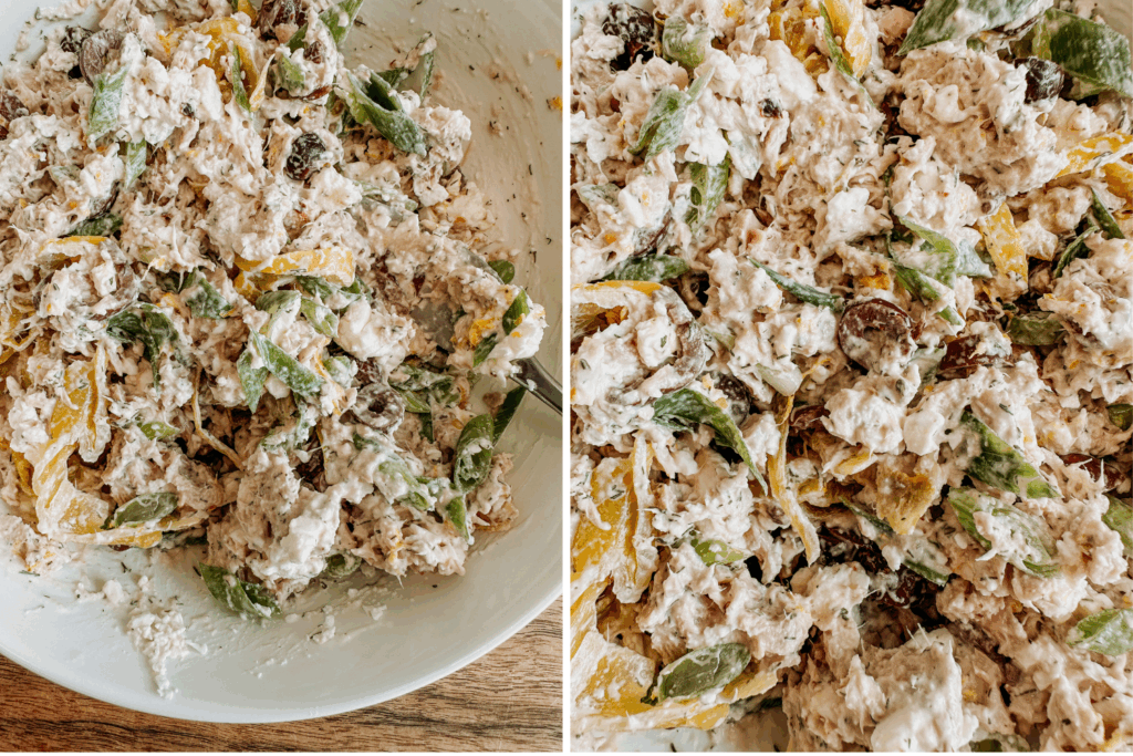 Two close-up views of creamy Greek tuna salad with green onions, olives, pepperoncini, and feta.