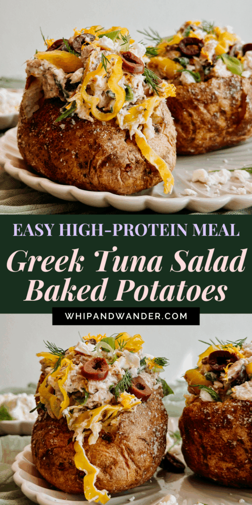 Greek tuna salad baked potatoes topped with creamy tuna mixture, pepperoncini, feta, olives, and dill, served on a scalloped plate.