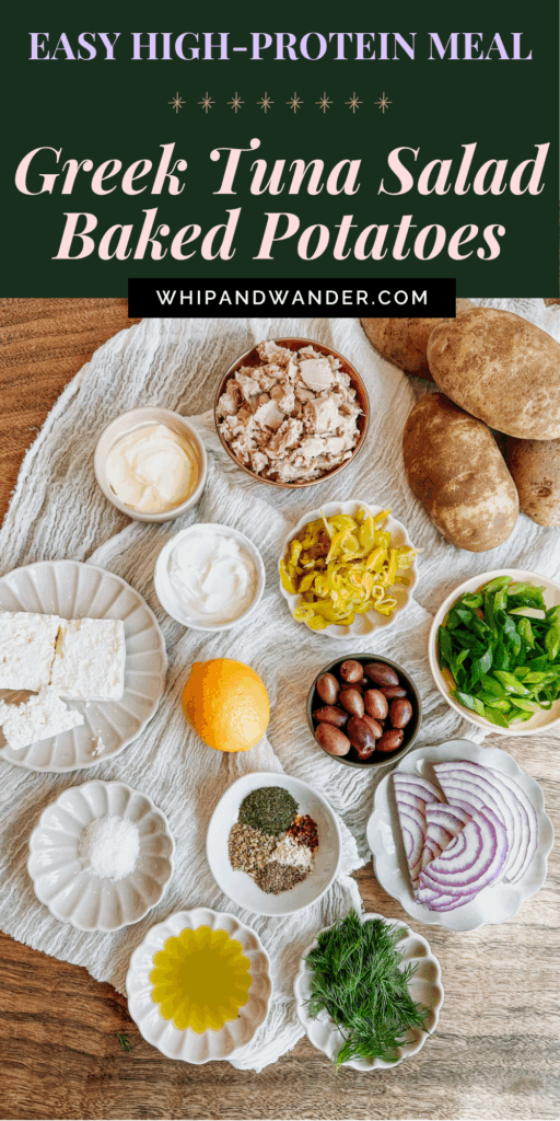 Overhead view of ingredients for Greek tuna salad, including potatoes, tuna, feta, olives, herbs, spices, lemon, and mayo.