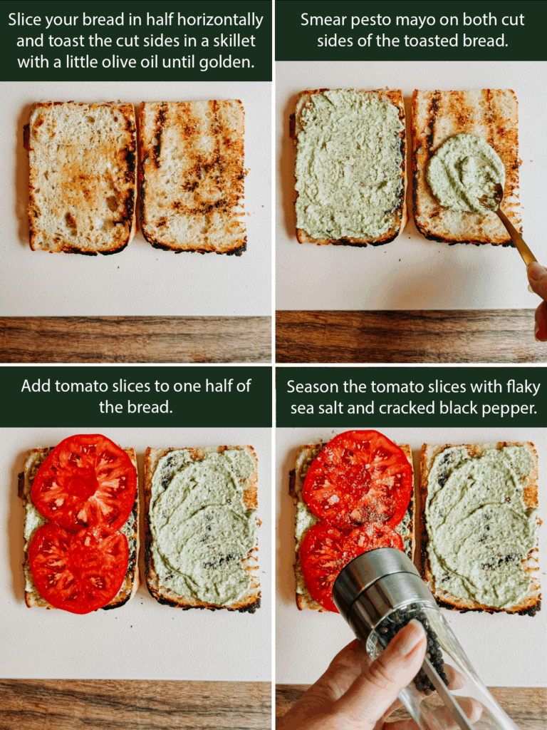 Step-by-step collage showing toasted focaccia with pesto mayo, sliced tomatoes, and seasoning with sea salt and black pepper.