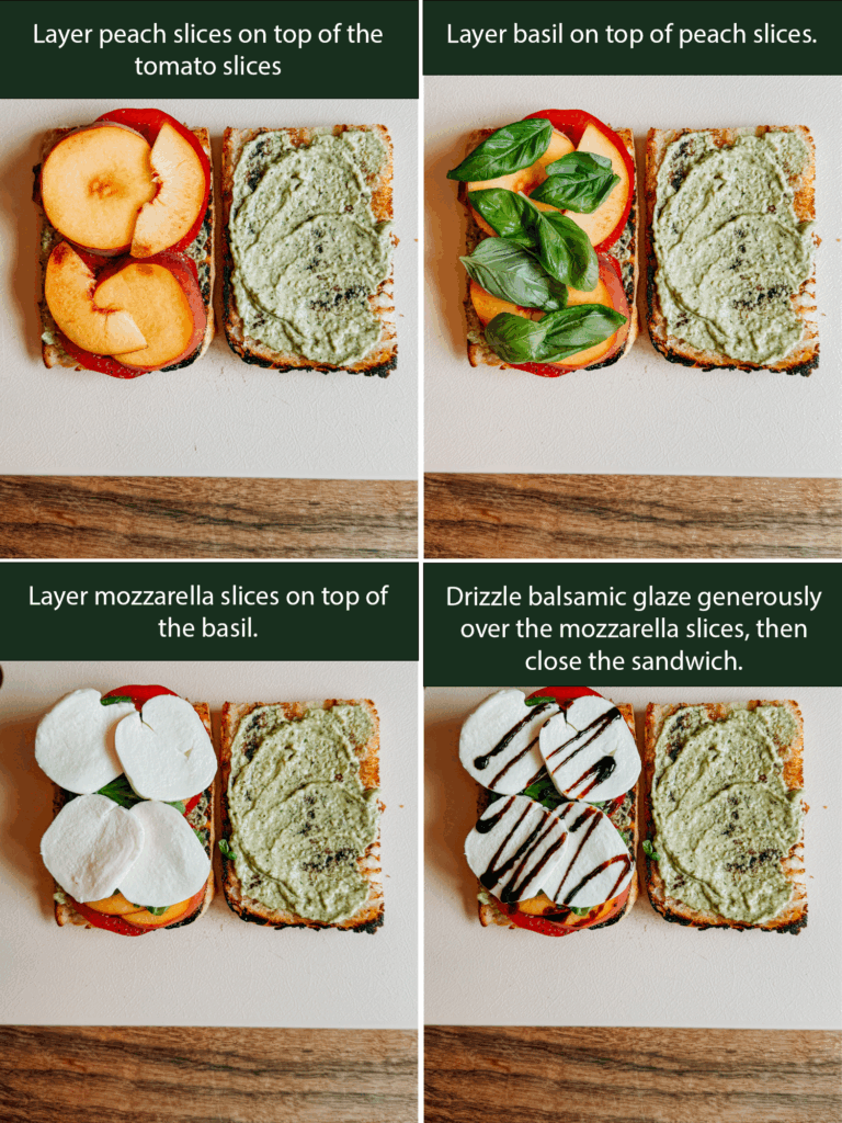 Step-by-step collage showing layers of peach, basil, mozzarella, and a balsamic glaze drizzle on a toasted sandwich.