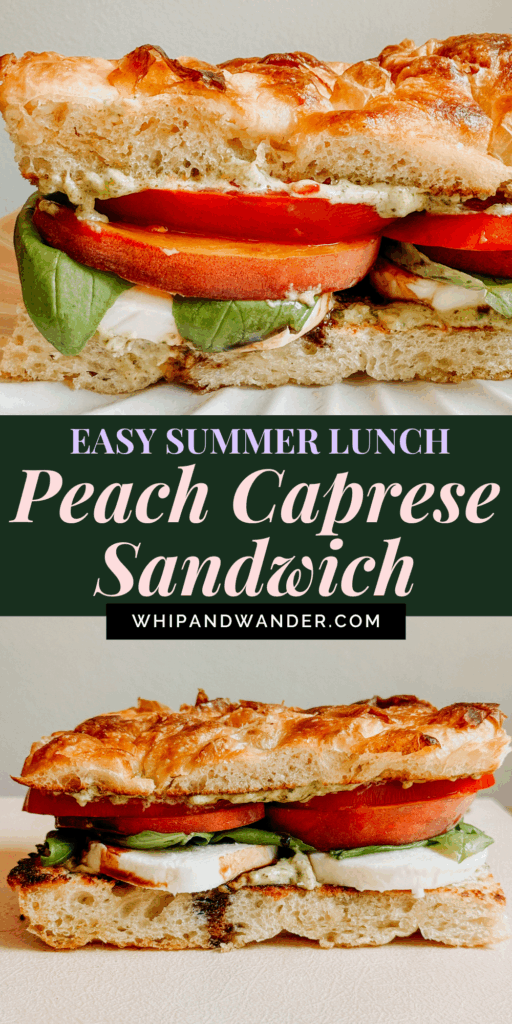 Close-up of a peach caprese sandwich with tomato, fresh mozzarella, basil, and pesto on toasted focaccia bread.