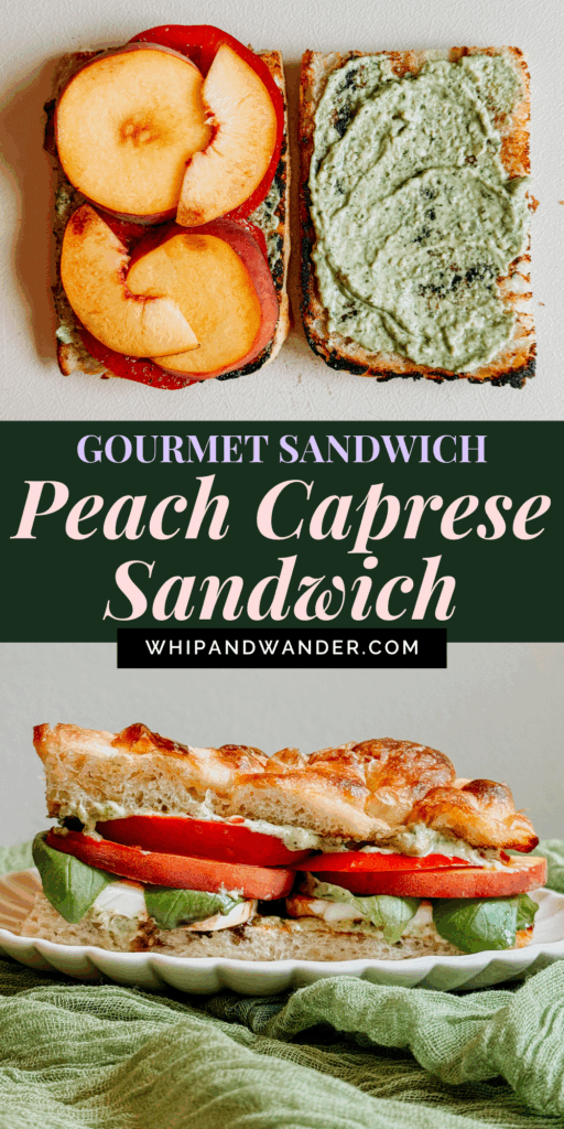 Open-faced peach caprese sandwich with pesto spread, tomato slices, and fresh peach halves on toasted bread.
