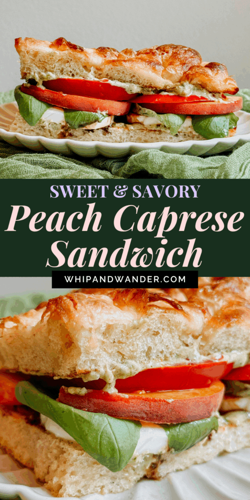 Stacked peach caprese sandwich layered with basil, mozzarella, tomato, and peach on toasted focaccia, served on a plate with green linen.