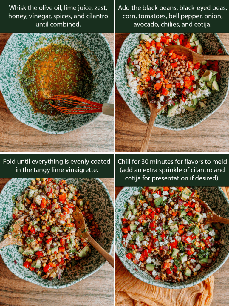 Step-by-step process for making Cowboy Caviar with dressing, beans, vegetables, avocado, and cotija cheese.
