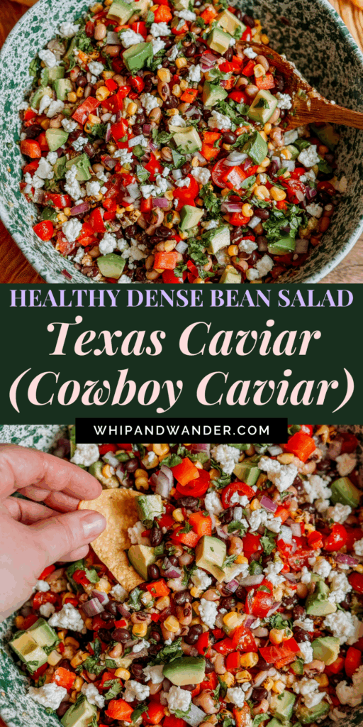 Wooden spoon in bowl of Cowboy Caviar with avocado, beans, corn, tomatoes, peppers, and cotija cheese.