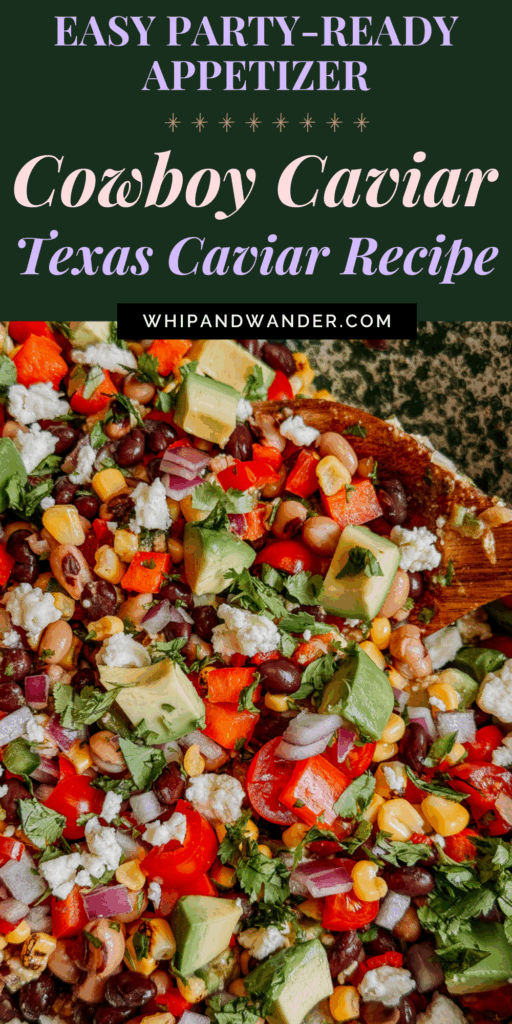 Close-up of Cowboy Caviar with avocado, beans, corn, peppers, onions, cilantro, and cotija cheese in a lime vinaigrette.