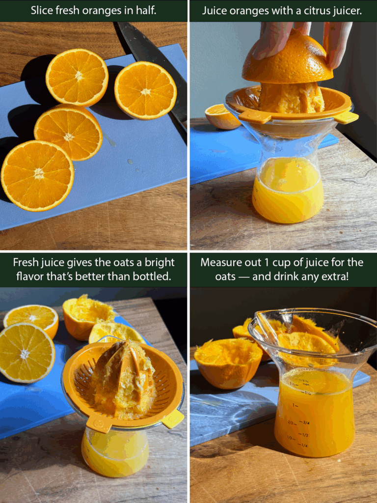 Step-by-step images showing how to slice, juice, and measure fresh orange juice for Princess Diana’s Overnight Oats recipe.