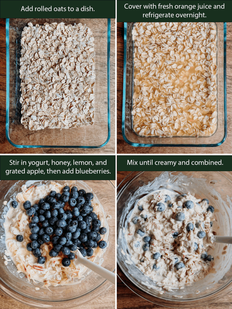 Step-by-step process of making Princess Diana’s Overnight Oats — soaking rolled oats in orange juice, adding yogurt, honey, apple, and blueberries.