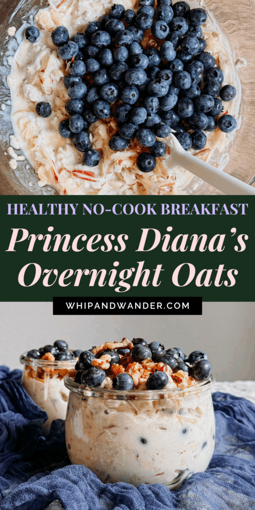 Bowl of overnight oats being mixed with blueberries, styled as a healthy no-cook breakfast inspired by Princess Diana.