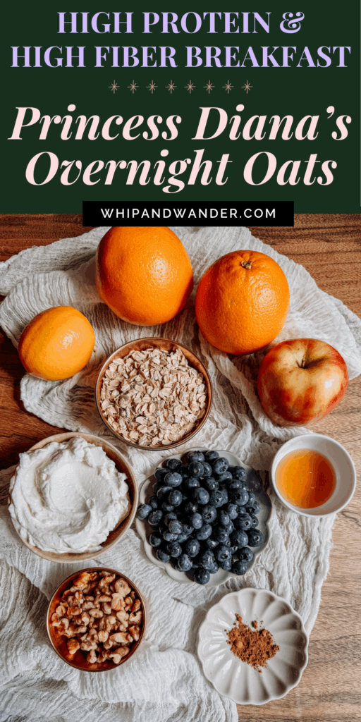 Flatlay of ingredients for Princess Diana’s Overnight Oats — oranges, lemon, rolled oats, apple, blueberries, Greek yogurt, walnuts, honey, and cinnamon.