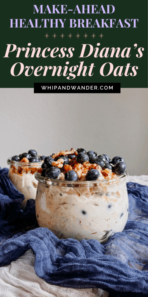 Glass jars of Princess Diana’s Overnight Oats topped with blueberries and walnuts, labeled as a make-ahead healthy breakfast.