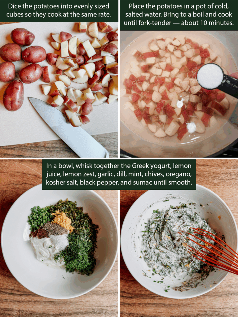 Step-by-step photos showing diced potatoes, potatoes boiling in salted water, and Greek yogurt dressing with fresh herbs being whisked.