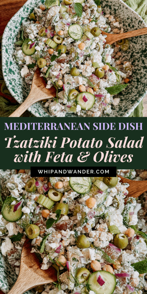 Mediterranean tzatziki potato salad with feta, olives, cucumbers, and herbs in a serving bowl.