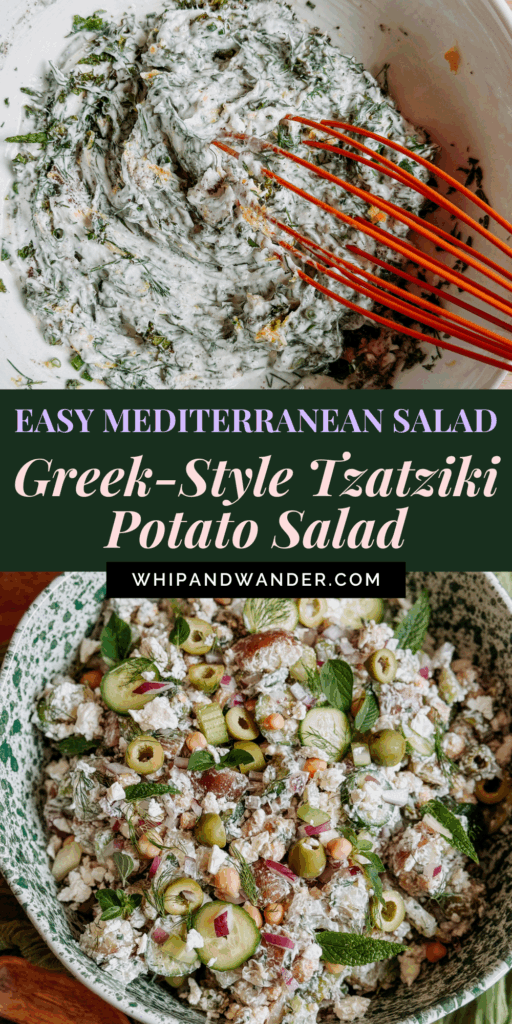 Greek-style tzatziki potato salad with yogurt dressing, fresh herbs, olives, and cucumbers.