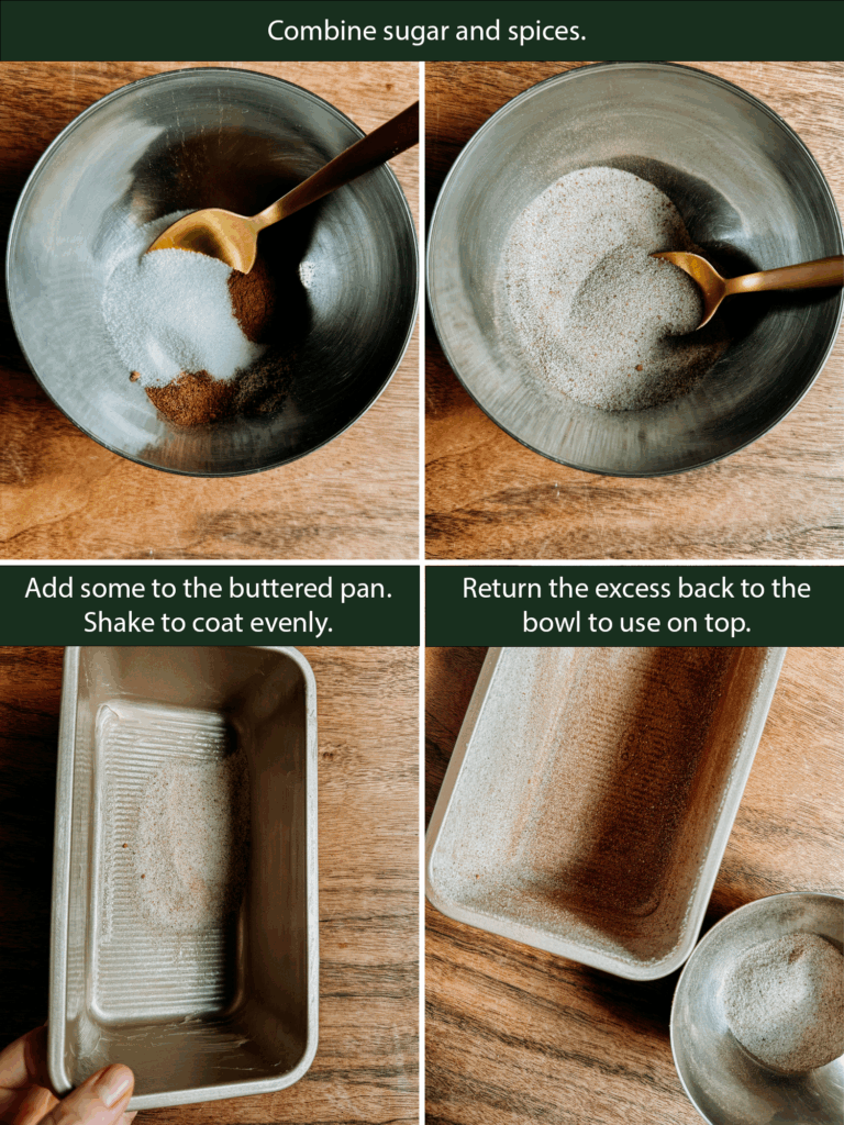 Preparing loaf pan by coating it with cinnamon-sugar mixture for apple cider donut bread.