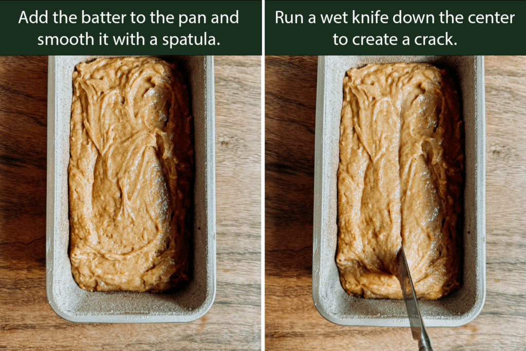 Apple cider donut bread batter smoothed in a loaf pan and scored down the center with a knife.