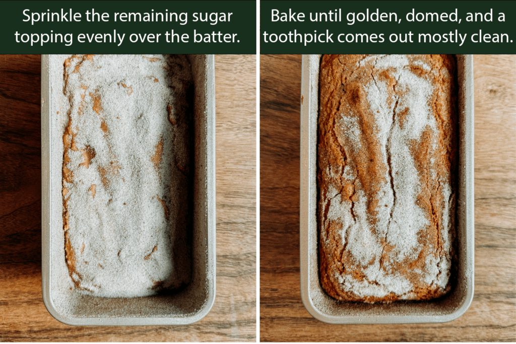 Apple cider donut bread topped with cinnamon-sugar before and after baking to golden perfection.