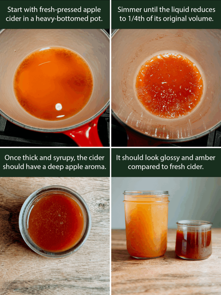 Step-by-step images showing how to reduce apple cider until thick and syrupy.