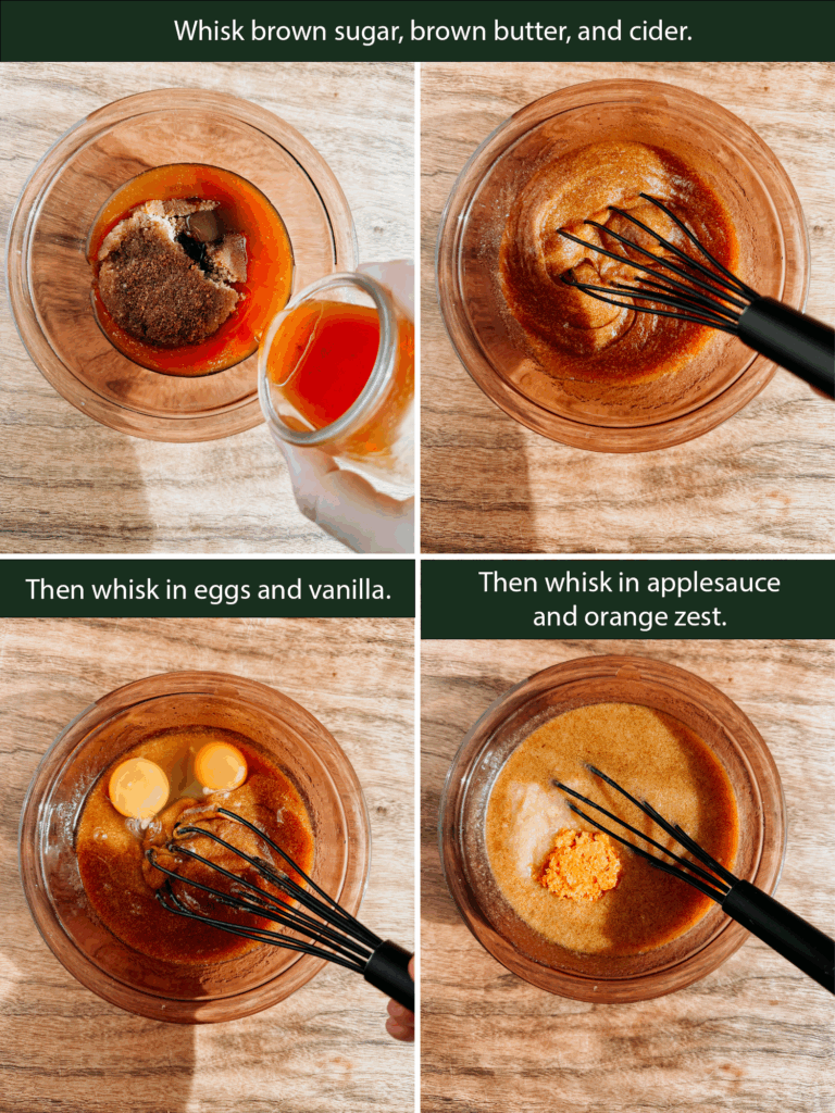 Mixing brown sugar, brown butter, cider, eggs, vanilla, applesauce, and orange zest for apple cider donut bread batter.