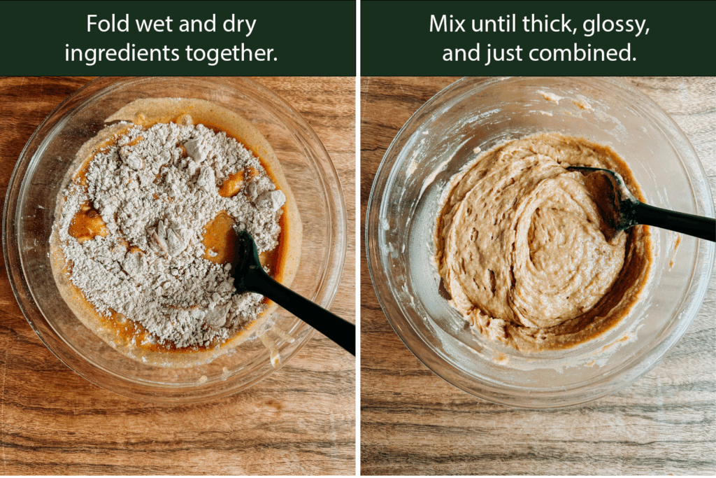 Folding wet and dry ingredients together to make apple cider donut bread batter.