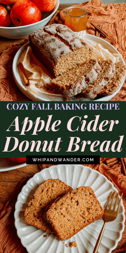 Easy Fall Baking Recipe — Apple Cider Donut Bread with brown butter and apple cider glaze baked into a moist, spiced loaf with cinnamon-sugar topping.