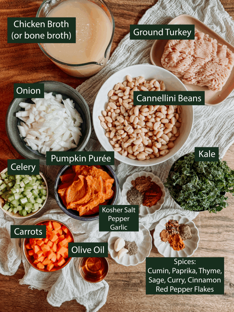 Ingredients for Turkey Pumpkin White Bean Chili arranged on a board.
