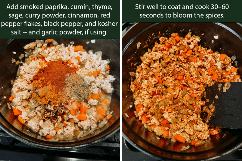 Spices added to browned turkey and vegetables in a pot.