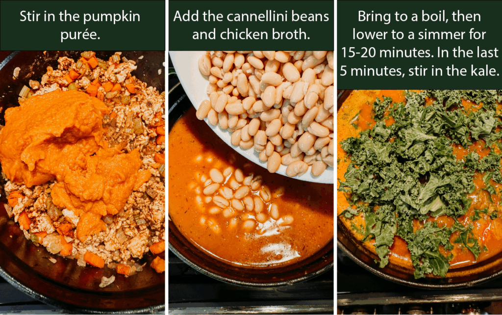 Step-by-step collage showing pumpkin purée stirred into ground turkey and vegetables, cannellini beans added with chicken broth, and fresh kale simmered into Turkey Pumpkin White Bean Chili.