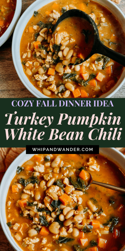 Cozy bowl of Turkey Pumpkin White Bean Chili made with ground turkey, pumpkin purée, white beans, carrots, celery, and kale — hearty one-pot fall chili recipe.
