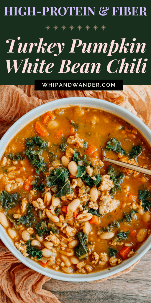 High-protein turkey pumpkin chili filled with white beans, vegetables, and kale — nourishing fall one-pot dinner.