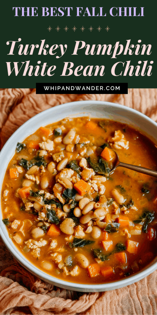 The best fall chili recipe — turkey pumpkin white bean chili with bright vegetables and leafy kale in a warm broth.