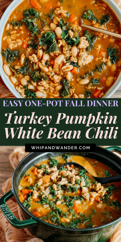One-pot turkey pumpkin chili in a Dutch oven and bowls — easy fall white bean chili ready in under an hour.