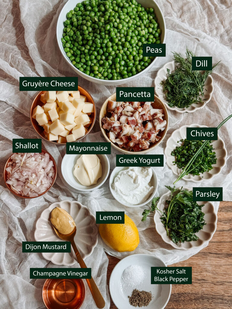 Labeled ingredients for herby pea salad with Gruyère and crispy pancetta