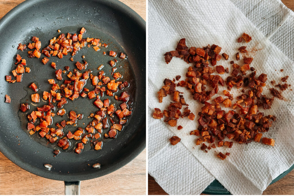 Pancetta crisping in a skillet and draining on a paper towel-lined plate