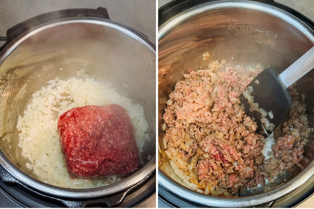 Ground beef added to diced onions and broken into crumbles while sautéing in an Instant Pot.