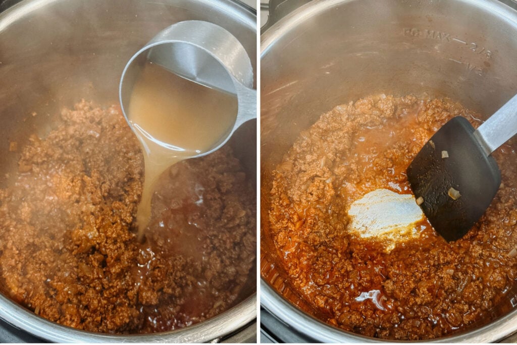 Beef broth poured into the Instant Pot to deglaze, followed by a spatula scraping the bottom clean of stuck-on tomato paste.
