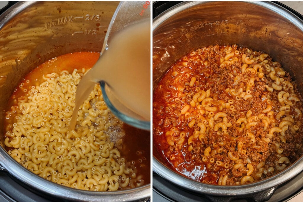 Dry elbow macaroni and beef broth added to the Instant Pot, followed by the tender pasta and ground beef after pressure cooking.
