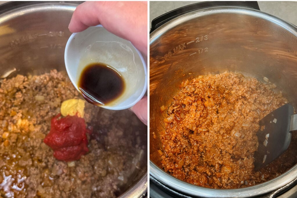 Tomato paste, Dijon mustard, and Worcestershire sauce added to ground beef, then cooked together to build a savory base.